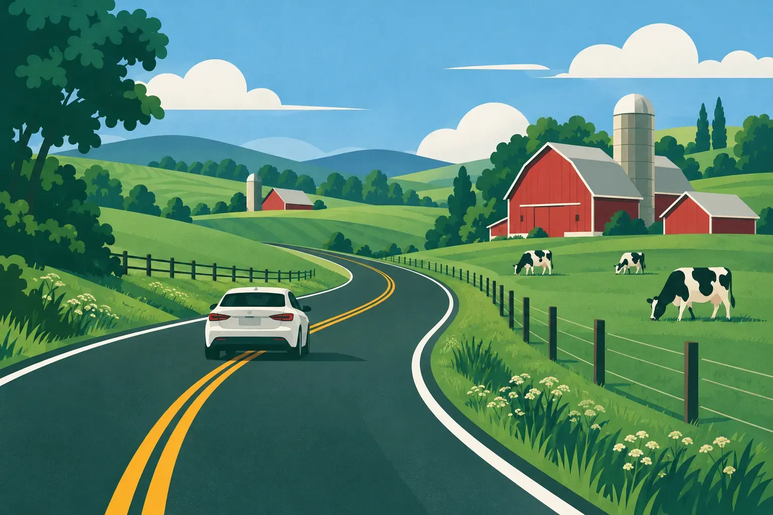 A country road through dairy farmland with red barns, a typical landscape of Wisconsin