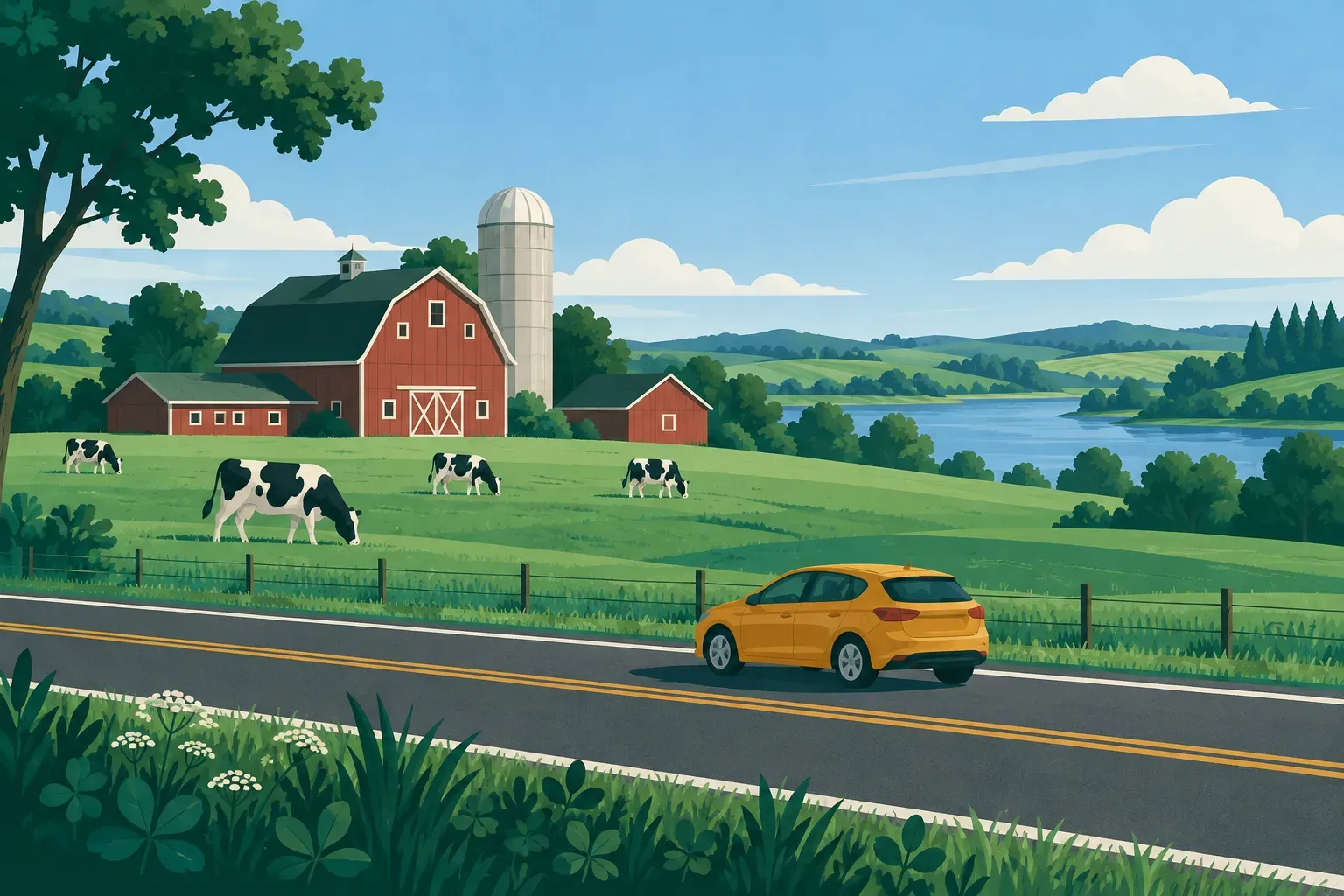 Red dairy barns and grazing cows in green Wisconsin farmland, in Wisconsin